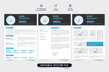 Fototapeta na wymiar Creative resume template design with employee portfolio. Job application CV layout and cover letter design with aqua blue and dark colors. Corporate office employment resume template vector.