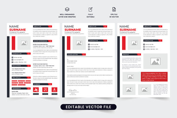 Creative employee resume, cover letter, and portfolio layout vector with red and dark colors. Modern office employment application template vector. Professional resume and CV template design.