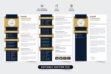 Resume template vector for office employment. Office employee CV and resume vector for a job application and official work. Corporate Resume layout template design with golden and dark colors.