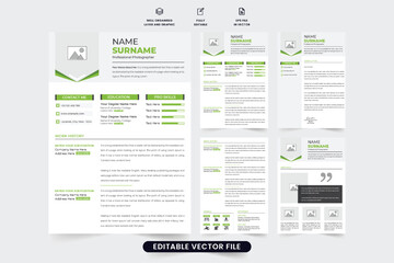 Fototapeta premium Professional employee CV and profile layout vector with green and dark colors. Employment resume template design with a cover letter. Modern CV layout and portfolio template with photo placeholders.