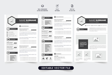 Creative CV template design with employee portfolio layout. Job application and resume layout design with dark color. Professional CV and corporate resume vector for a corporate office job.