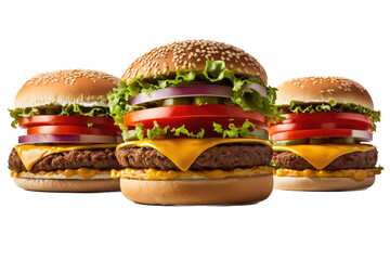 a restaurant-themed photographic illustration featuring an isolated group of juicy cheeseburgers with lettuce, tomato, onion, and cheese, set on a transparent background in PNG. Generative AI
