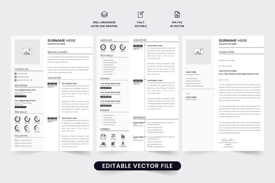 Simple job application CV template with experience and skill section for the corporate office. Resume template design with photo placeholders. Office employment CV layout vector with a cover letter.