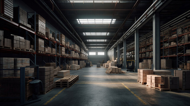 Warehouse or storage and shelves with cardboard boxes. Industrial background