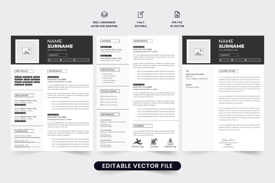Simple CV and cover letter template vector with photo placeholders. Corporate resume and job application template vector with dark color. Office employment CV and resume layout design for business.