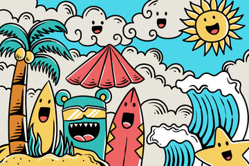 Obraz na płótnie Canvas Vector illustration of Doodle cute Monster at the summer background