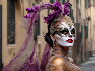Fototapeta na wymiar Beautiful, pretty, attractive, young woman, wearing venetian mask, in costume, on traditional event, holiday, masquerade, carnival, festival, held in city Venice, in Italy, Europe - generative AI 