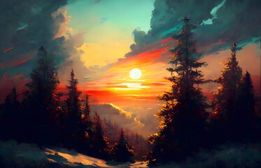 sunset in the mountains, spruce winter forest, beautiful winter landscape, generative AI