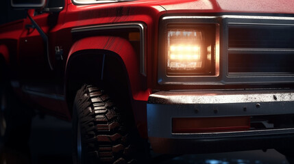 Closeup on front of generic and unbranded cars red 4x4 truck, generative ai illustration