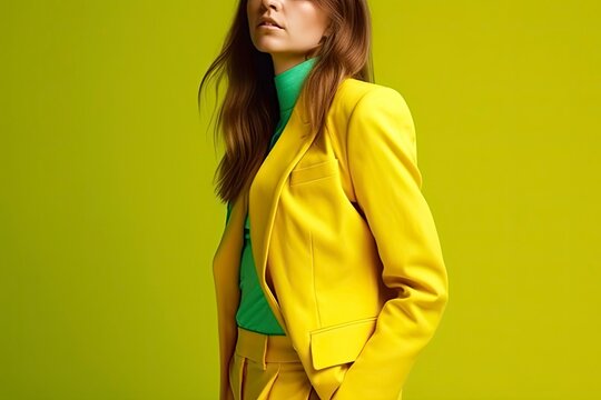 Photo portrait business woman wearing yellow blazer. Light colored suit. Copy, empty space for text. Generative AI
