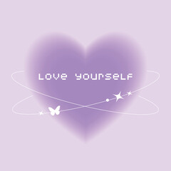 Blurry purple heart aura aesthetic element with linear form and sparkle, trendy y2k style design template with positive motivational love yourself text. Vintage pastel color banner for social media 