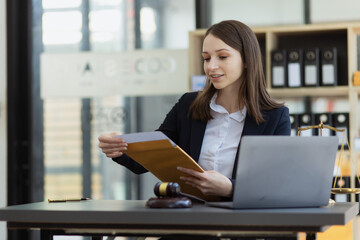 Fototapeta premium law hammer, law contract, Lawyer woman, Attorney and notary concept.