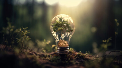 Tree growing in light bulb with sunshine in nature. Saving energy and eco concept. Earth hour.