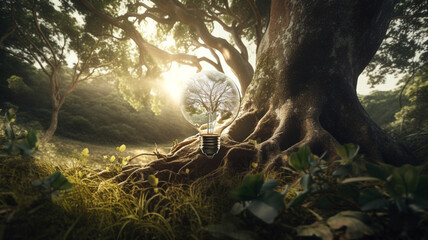 Tree growing in light bulb with sunshine in nature. Saving energy and eco concept. Earth hour.