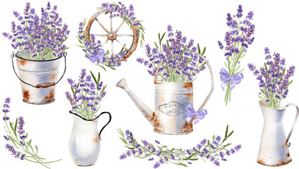 Watercolor lavender flower illustration. Farmhouse vintage style. Rusty iron pitcher, watering can, old wheel. Provence hand painted set for print, sticker, scrapbooking, rustic wedding design	