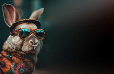 Cool bunny with sunglasses on colorful blurred background. Generative Ai