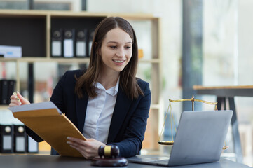 Fototapeta premium law hammer, law contract, Lawyer woman, Attorney and notary concept.