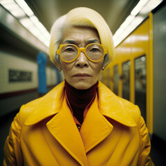 portrait of a person in glasses, Portrait of an old asian woman, dressed in cyberpunk style in yellow tones, image created with ia - obrazy, fototapety, plakaty