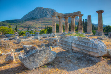 Temple of Apollo at Ancient Corinth archaeological site in Greece