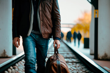 man walking on the street, unrecognizable man walking with hand luggage in a train station, ia generated image - obrazy, fototapety, plakaty
