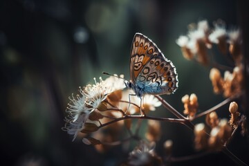 Fototapeta na wymiar a butterfly sitting on top of a plant with lots of flowers. generative ai