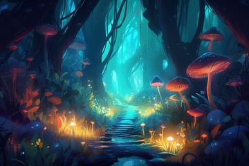Obraz na płótnie Canvas a painting of a path leading through a forest with glowing mushrooms. generative ai