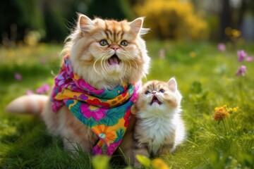 Naklejka na ściany i meble maternal love between two Persian cats, a mother and her kitten, who proudly wear lgtbi scarves on their necks,welcoming spring, Generative AI