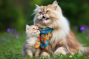 Naklejka na ściany i meble maternal love between two Persian cats, a mother and her kitten, who proudly wear lgtbi scarves on their necks, Generative AI
