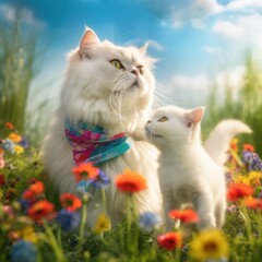 Naklejka na ściany i meble maternal love between two Persian cats, a mother and her kitten, who proudly wear lgtbi scarves on their necks,welcoming spring, Generative AI