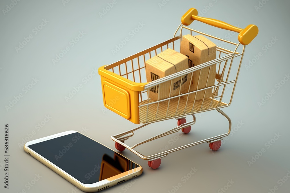 Aufkleber 3d rendering of a shopping cart with boxes and smartphone on gray background