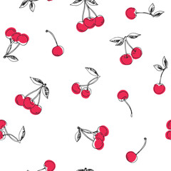 Vector seamless pattern with cherry isolated on white. Hand-drawn texture with fresh fruits. - 586316679