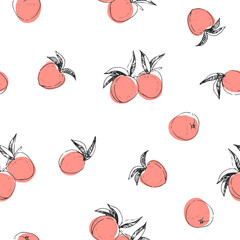 Vector seamless pattern with peaches isolated on white. Hand-drawn texture with fresh fruits. - 586316689