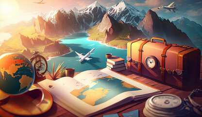 Summer vacation travel trip planned concepts background, Holiday event for traveling around the world, beautiful nature sand, sunlight, ocean water with Generative AI.