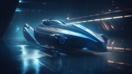 Futuristic electric bullet boat concept gliding through an advanced setting with holographic overlays, mixed digital 3D illustration and matte painting - AI Generated