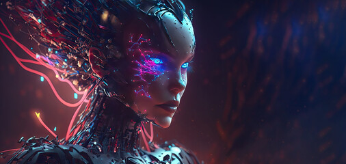 Close up of Cyborg Artificial intelligence face in Hi-tech futuristic with wires connected to body, science fiction design , robotic head and body made by carbon metal, Generative AI.