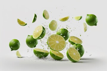 set of whole and cut limes with falling leaves on a white background. food levitation. Generative AI