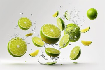 set of whole and cut limes with falling leaves on a white background. food levitation. Generative AI