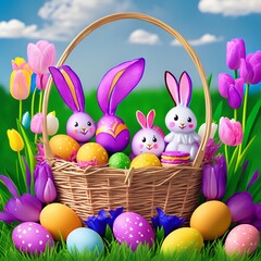 This Easter picture shows a beautifully decorated Easter basket filled with colorful eggs; Generative AI