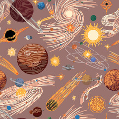 Abstract cosmic space seamless pattern. Ornament of planets, stars, comets, asteroids, galaxies. Hand drawn colorful vector illustrations.