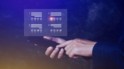Online exam concept, choose correct answer in test. checklist and online testing on smartphone. online exam test with smartphone. online questionnaire results on desktop. quiz.