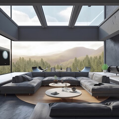 Fototapeta premium Futuristic design interior living room with large windows and overlooking the forest views and mountains, generative ai