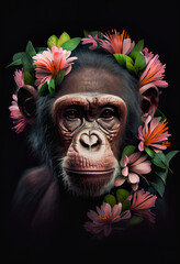 Monkey with flowers on head, close up. Generative AI painting