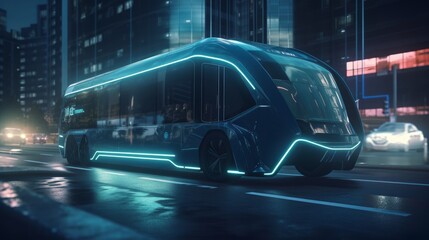 Fototapeta na wymiar Innovative electric bullet bus design speeding through a futuristic setting with holographic overlays - AI Generated