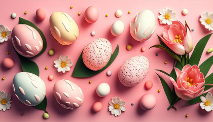 Fototapeta na wymiar Easter eggs on a pink background with flowers and leaves
