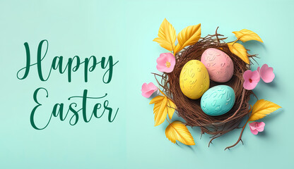 Easter nest with eggs on green background isolated. Easter background. Easter eggs in a nest with a message that says happy easter. Multi-colored eggs with different designs