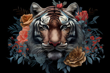 Tiger with flowers, close up. Generative AI painting