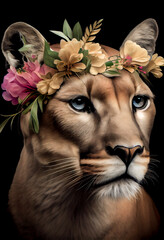 Lioness with flowers on head, close up. Generative AI painting - obrazy, fototapety, plakaty