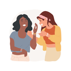 Bead bracelets isolated cartoon vector illustration. Teenage girls making friendship bracelets, weaving with beads, spending time together, human relationship, female friends vector cartoon.