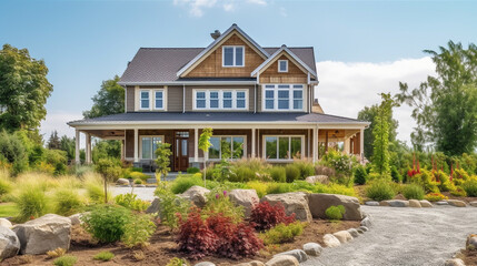 Beautiful Custom Country House with Lush Landscaping - Generative AI.