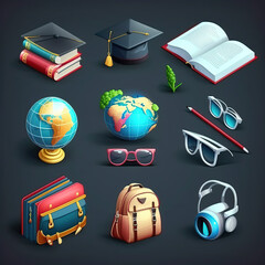 School_and_education_icons_3d_render_vector_set._School